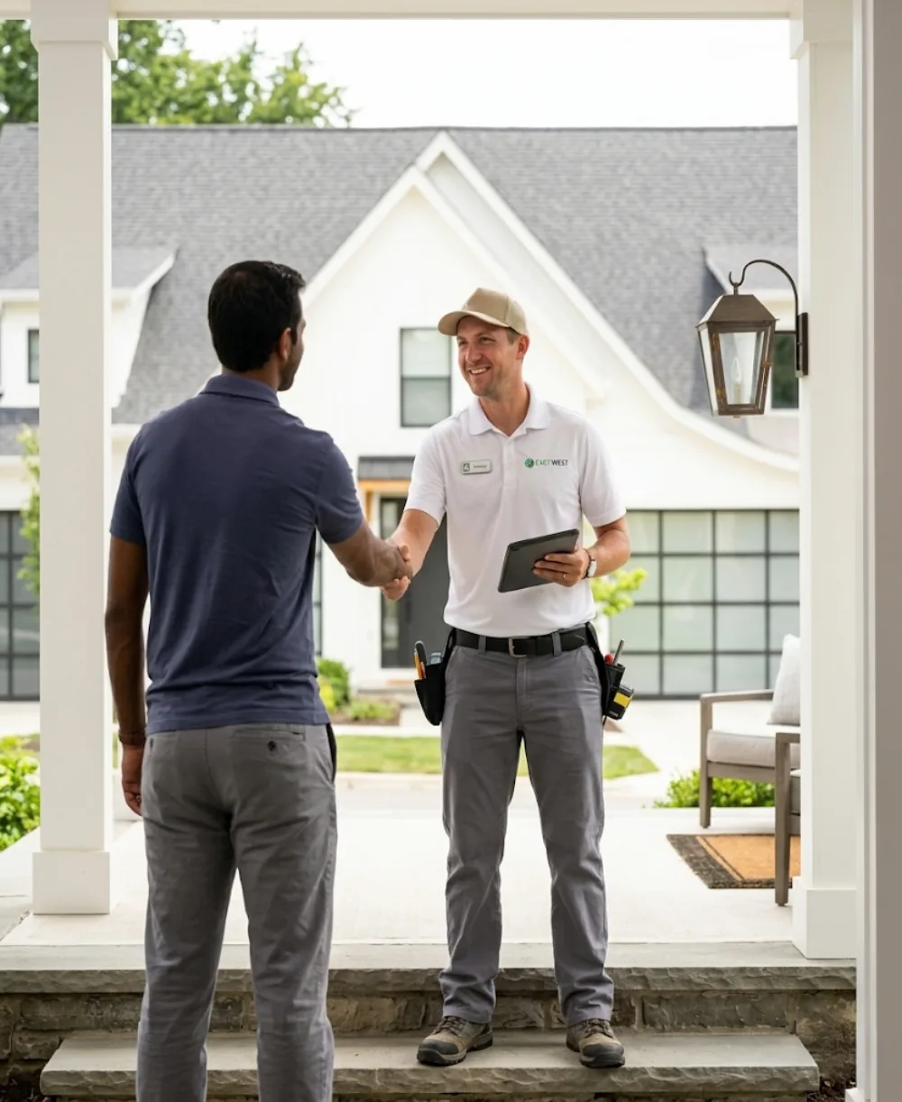 An East West Maintenance crew member greeting a property owner at the door